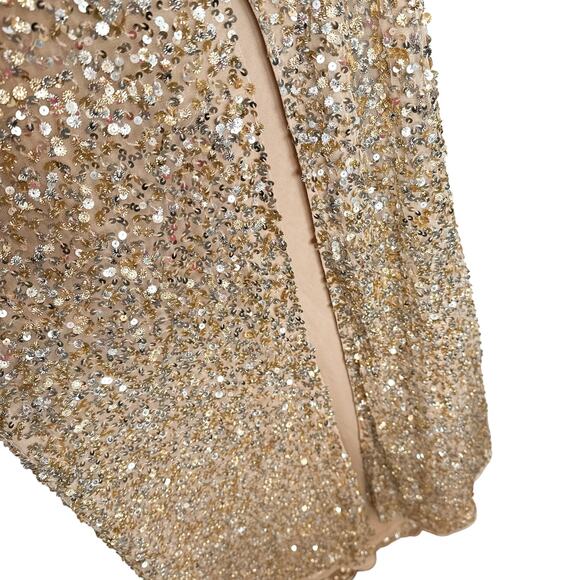 Mac Duggal NEW One Shoulder Sequin Embellished High Slit Maxi Gown Champagne 4 - Picture 5 of 16